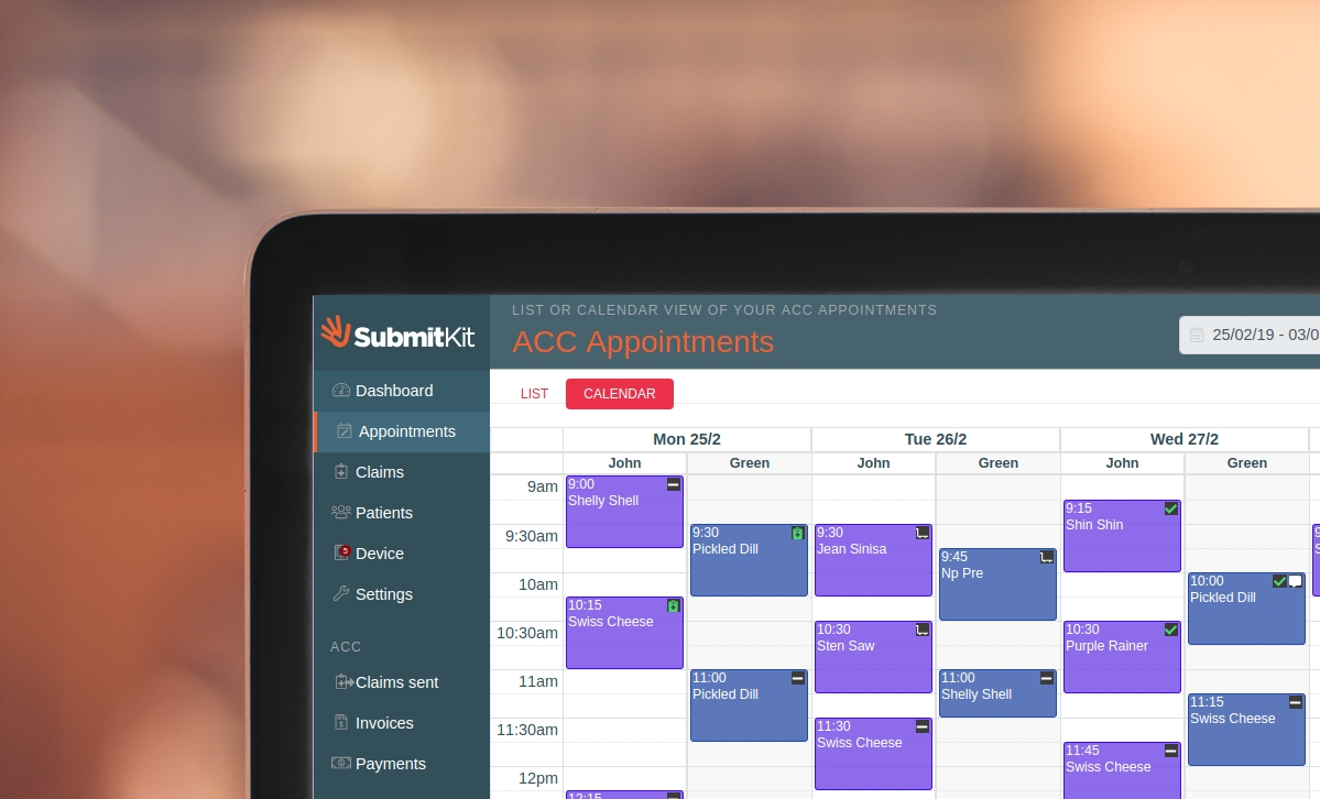 SubmitKit calendar view using cliniko to create claims and invoice ACC directly