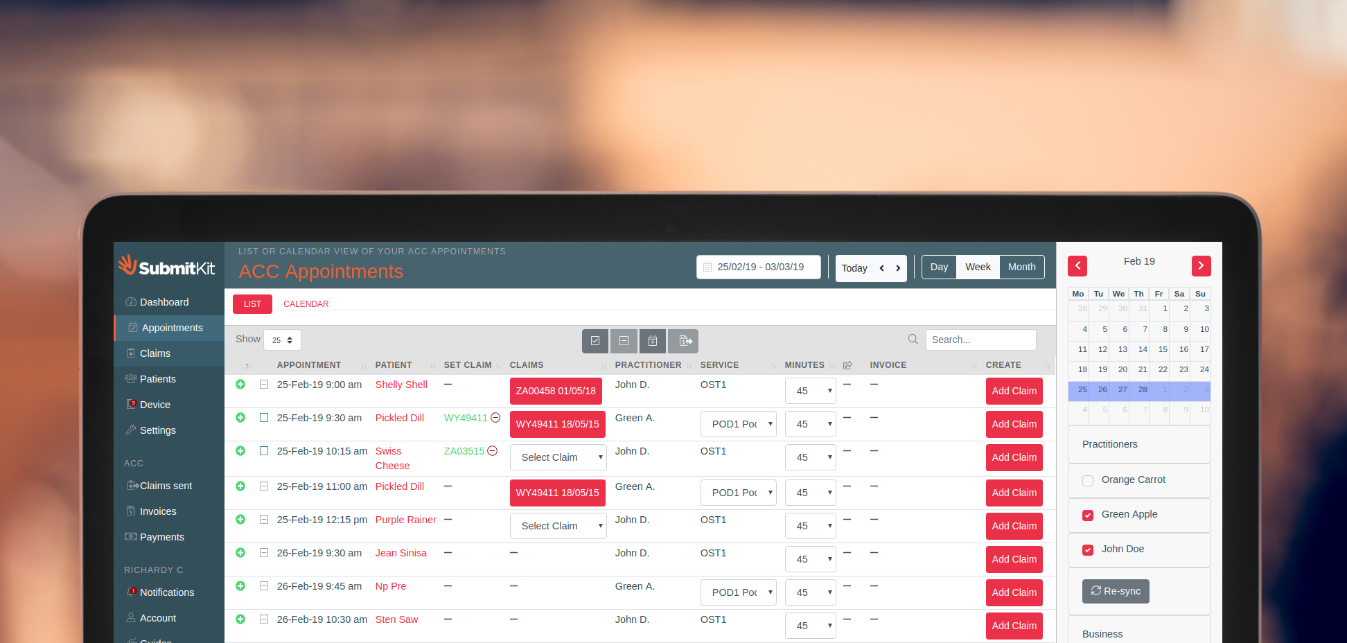 Submitkit list view for creating claims and invoicing ACC using practice managment system data